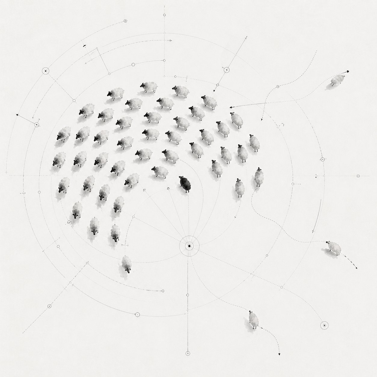 Top-down illustration of a flock of sheep arranged on a radial grid, with surveying lines, compass arcs, and trajectory marks. Several sheep stray from the perimeter on dashed paths.